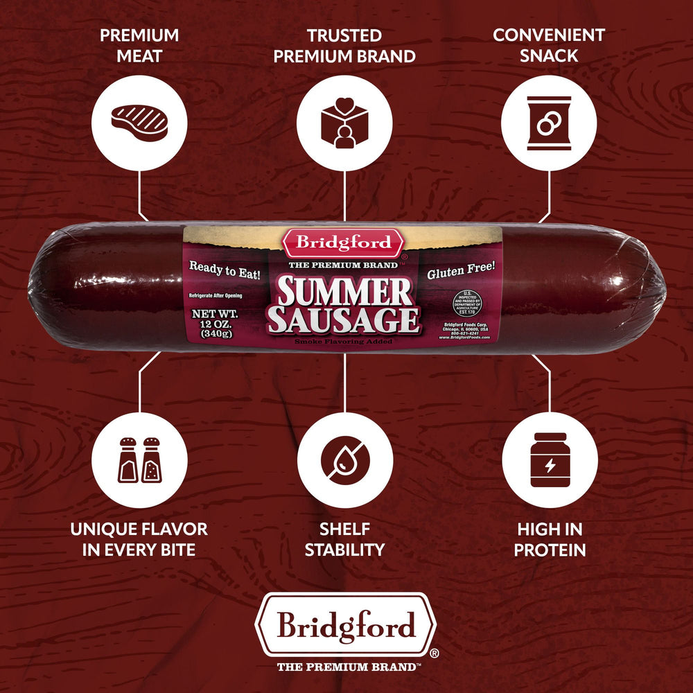 A packaged rod of Bridgford Summer Sausage centered on a dark red textured background with six white callout circles and icons highlighting product benefits such as premium meat, trusted brand, convenient snack, unique flavor, shelf stability, and high in protein.