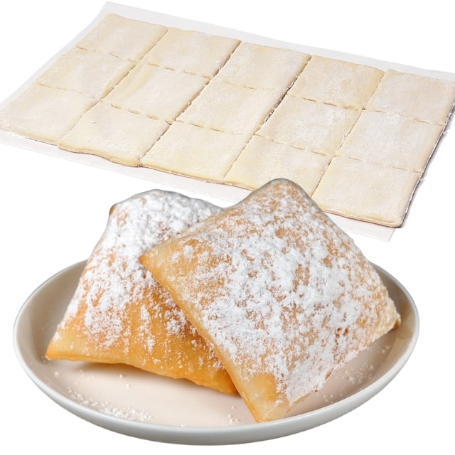 Raw Bridgford dough squares on parchment paper above two fried, powdered sugar-dusted beignets on a plate.