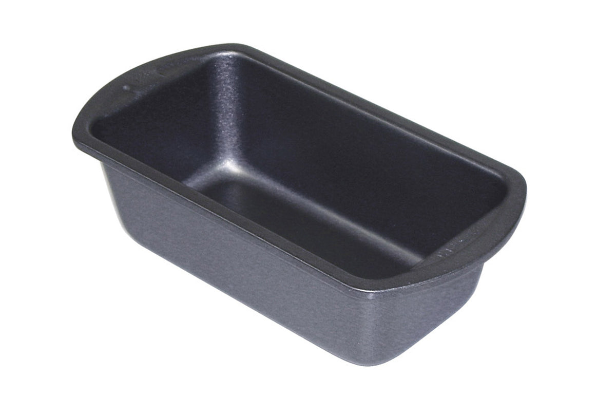 A black non-stick metal baking pan designed for proofing and baking Bridgford Demi-Loaf bread dough.