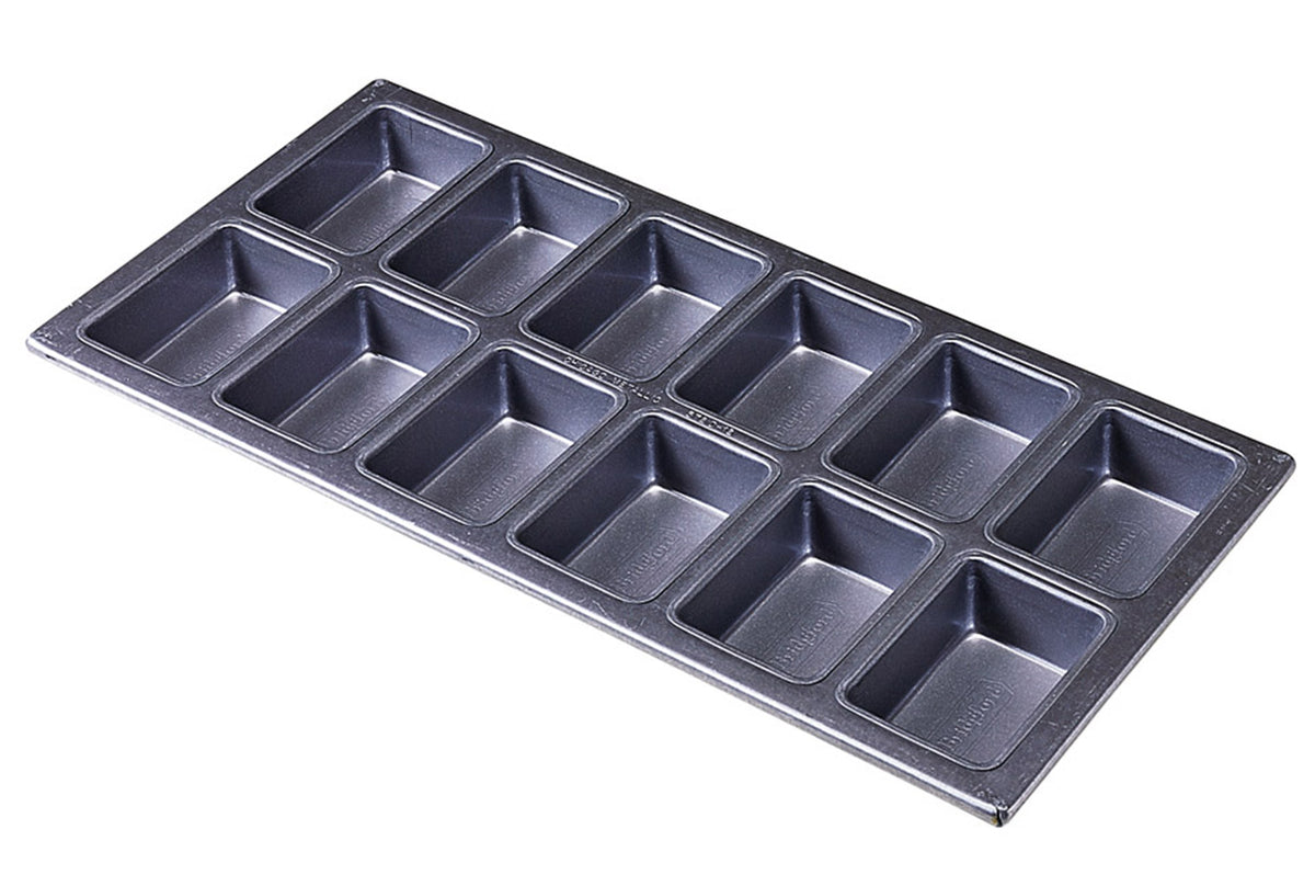 A heavy-duty metal 10-cavity mini loaf baking pan designed for baking Bridgford Demi-Loaf bread products.