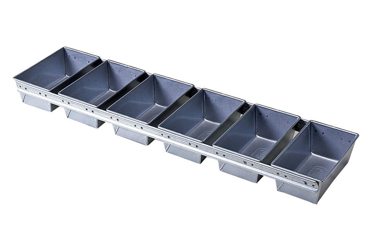 A commercial metallic 6-strapped mini loaf pan set designed for baking Bridgford Demi-Loaf doughs.