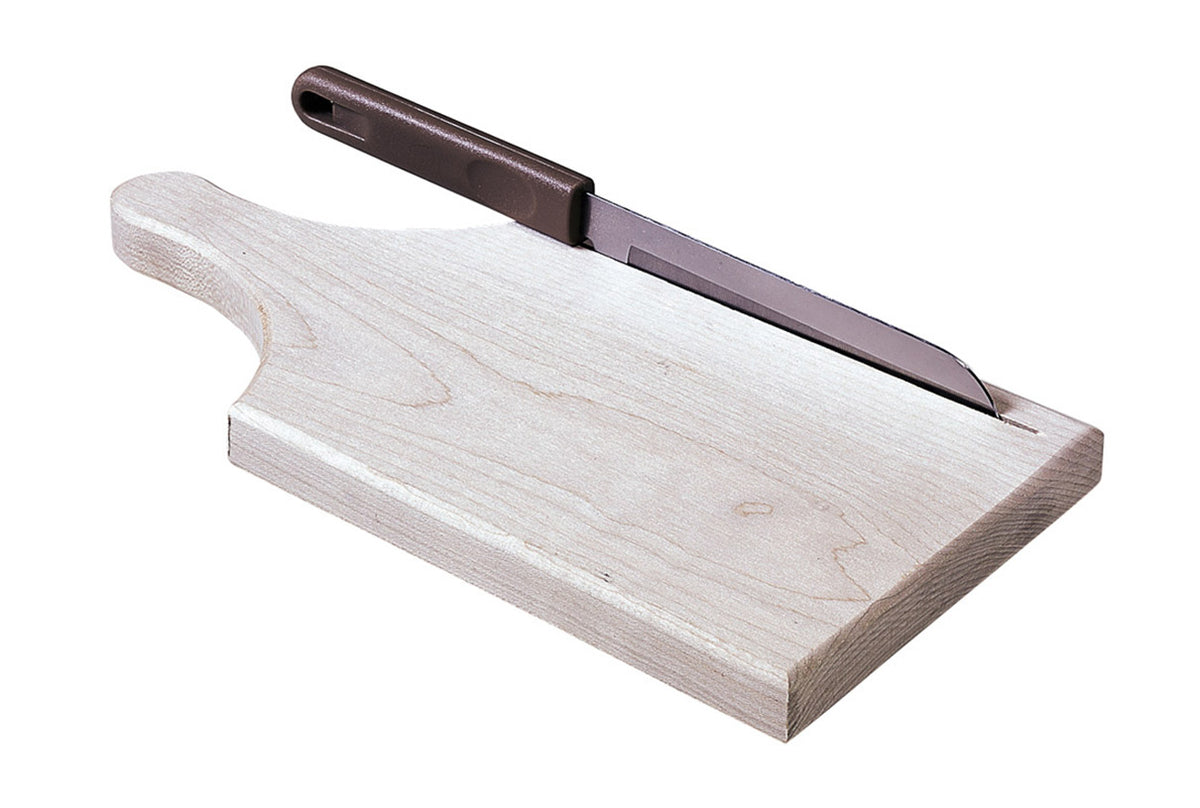 Wooden cutting board with a built-in slicing knife, designed for cutting Bridgford Demi-Loaf bread.