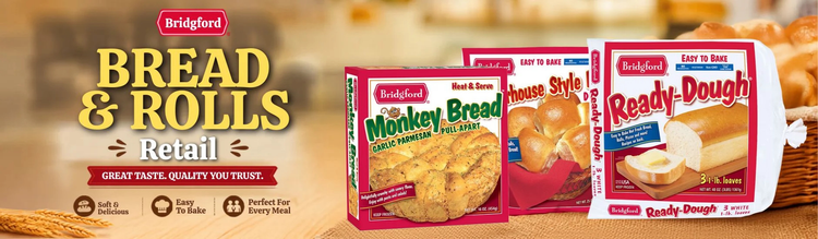 A promotional banner for Bridgford Bread & Rolls Retail, featuring boxes of Monkey Bread, House Style Bread, and Ready-Dough bread on a warm bakery-themed background.