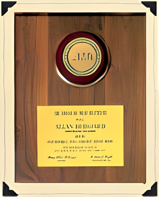 Bridgford Wooden Award Plaque
A wooden award plaque featuring a gold seal medallion and a yellow printed inscription plaque.