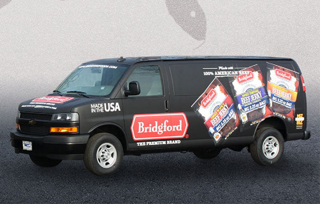 Bridgford Get Direct Store Delivery
Black Bridgford delivery van with beef jerky logos
