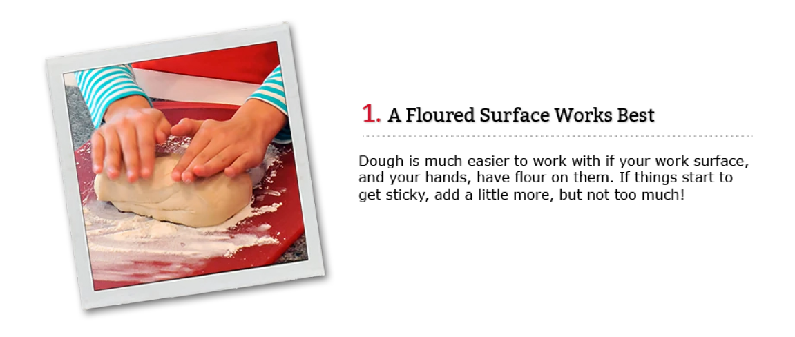 Person kneading dough on a floured surface with text about using flour for better dough handling.