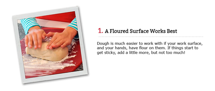 Person kneading dough on a floured surface with text about using flour for better dough handling.