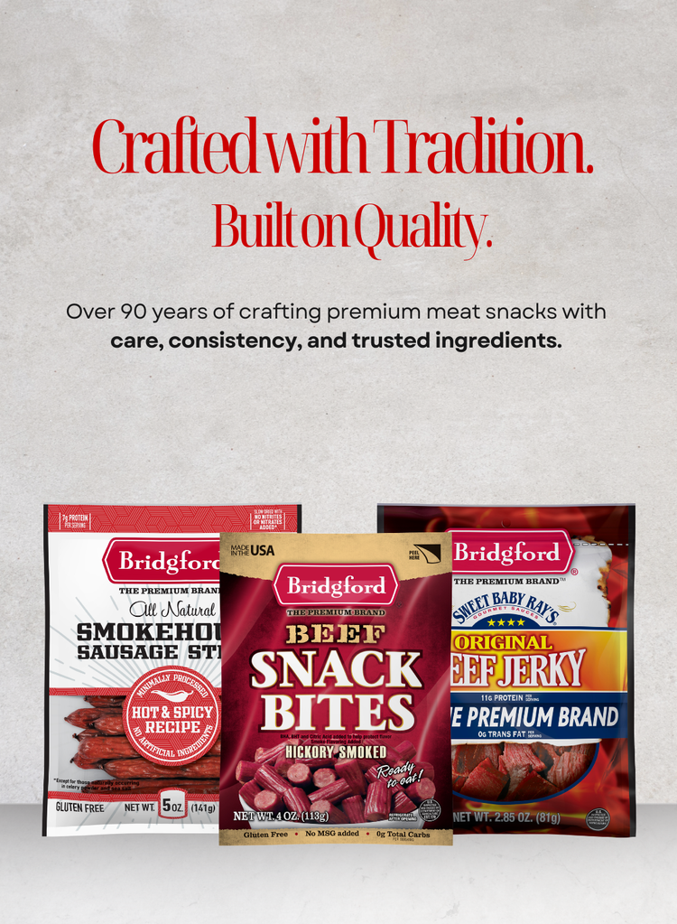 Three Bridford meat snack packages arranged together on a light textured background with large red and black promotional text above. Visible products include smoked sausage sticks, beef snack bites, and beef jerky.