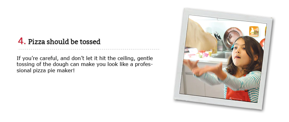 Person tossing pizza dough with text instructions on a white background