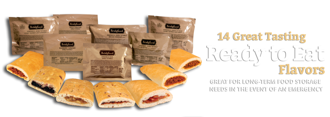 An array of Bridgford shelf-stable Ready to Eat sandwich pouches displayed with various sliced bread options.