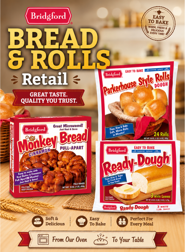 Bread and rolls packaging with Bridgford branding on a wooden table.