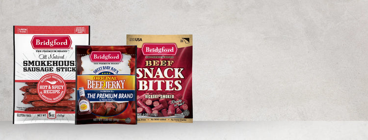 Bridgford Smokehouse Sausage Sticks, Beef Jerky, and Beef Snack Bites packages