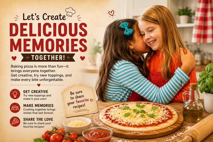 Two young girls hugging in the kitchen next to a fresh homemade pizza with Bridgford dough and baking ingredients.