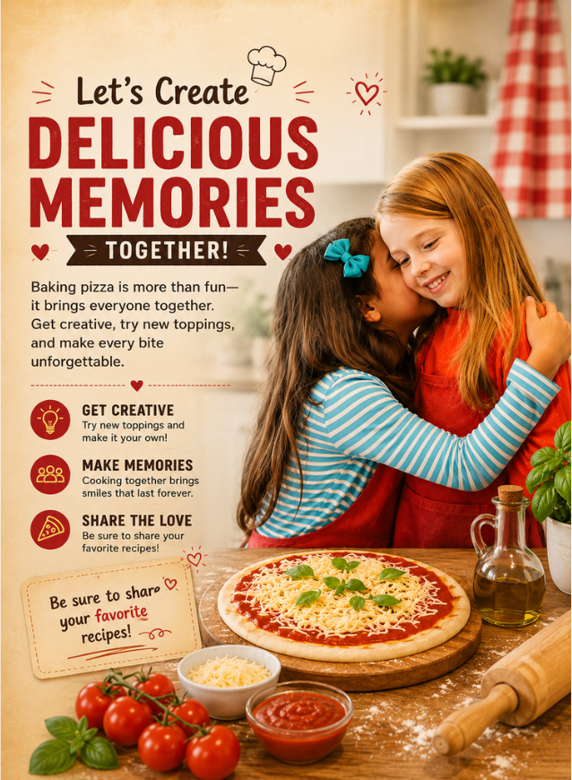 Two children making a pizza together with text about creating delicious memories.