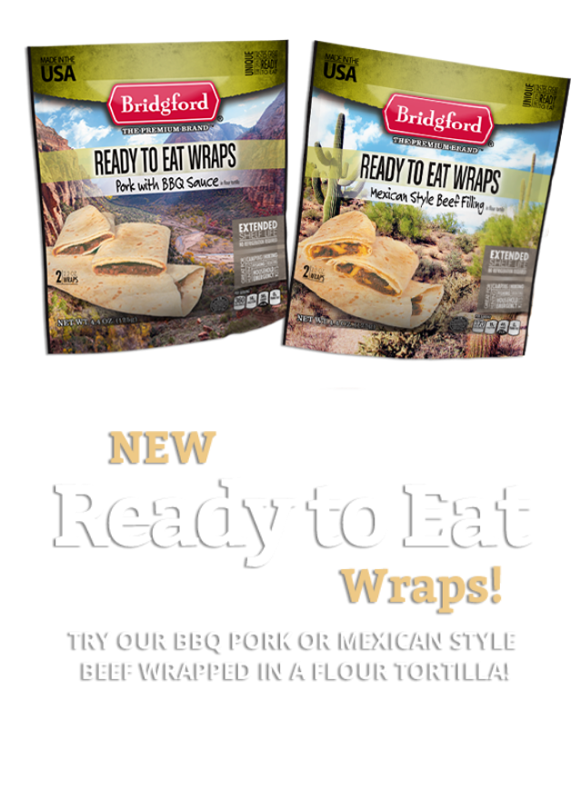 Two packages of Bridgford Ready to Eat Wraps with promotional text on a white background.