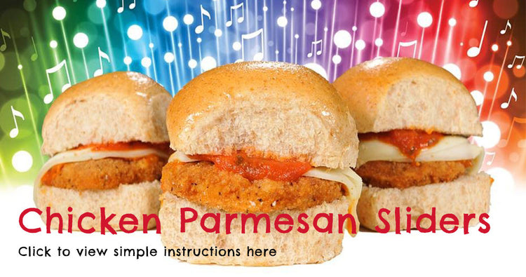 Three chicken parmesan sliders with marinara sauce and melted cheese on rolls against a colorful background.