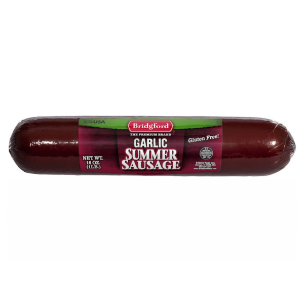 A 14 oz. (4 lbs) Bridgford Garlic Summer Sausage link, packaged in clear plastic with a dark red and green label, on a plain white background.