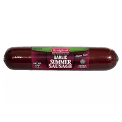 A 14 oz. (4 lbs) Bridgford Garlic Summer Sausage link, packaged in clear plastic with a dark red and green label, on a plain white background.