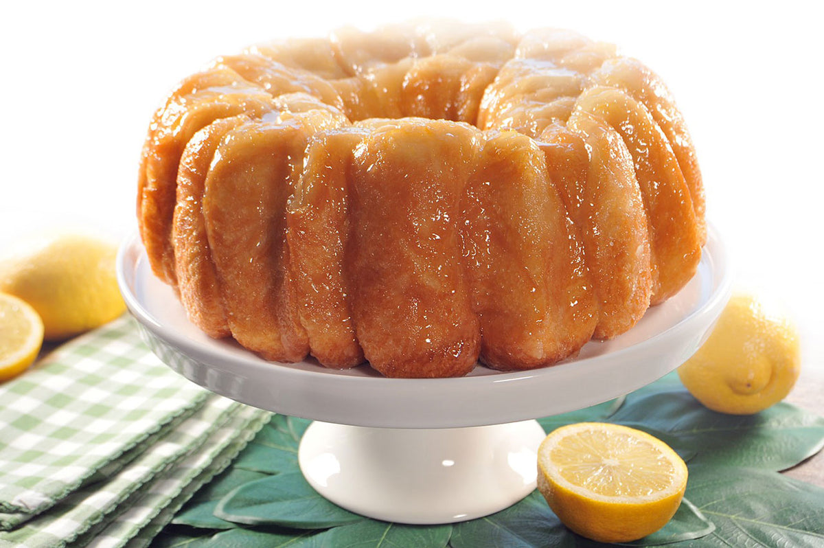 Lemon monkey bread on a cake stand