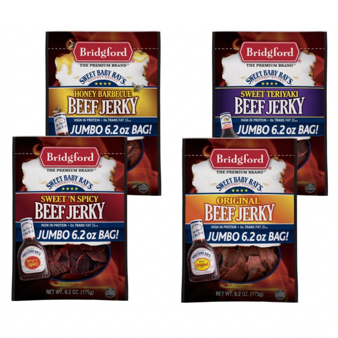 Bridgford SBR Beef Jerky Variety Pack Original Teriyaki Honey BBQ Sweet N Spicy 62 oz Pack of 4